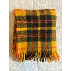 Vintage Faribo Fluff Loomed Wool Plaid Throw Blanket Gold Brown Red Fringe 55"